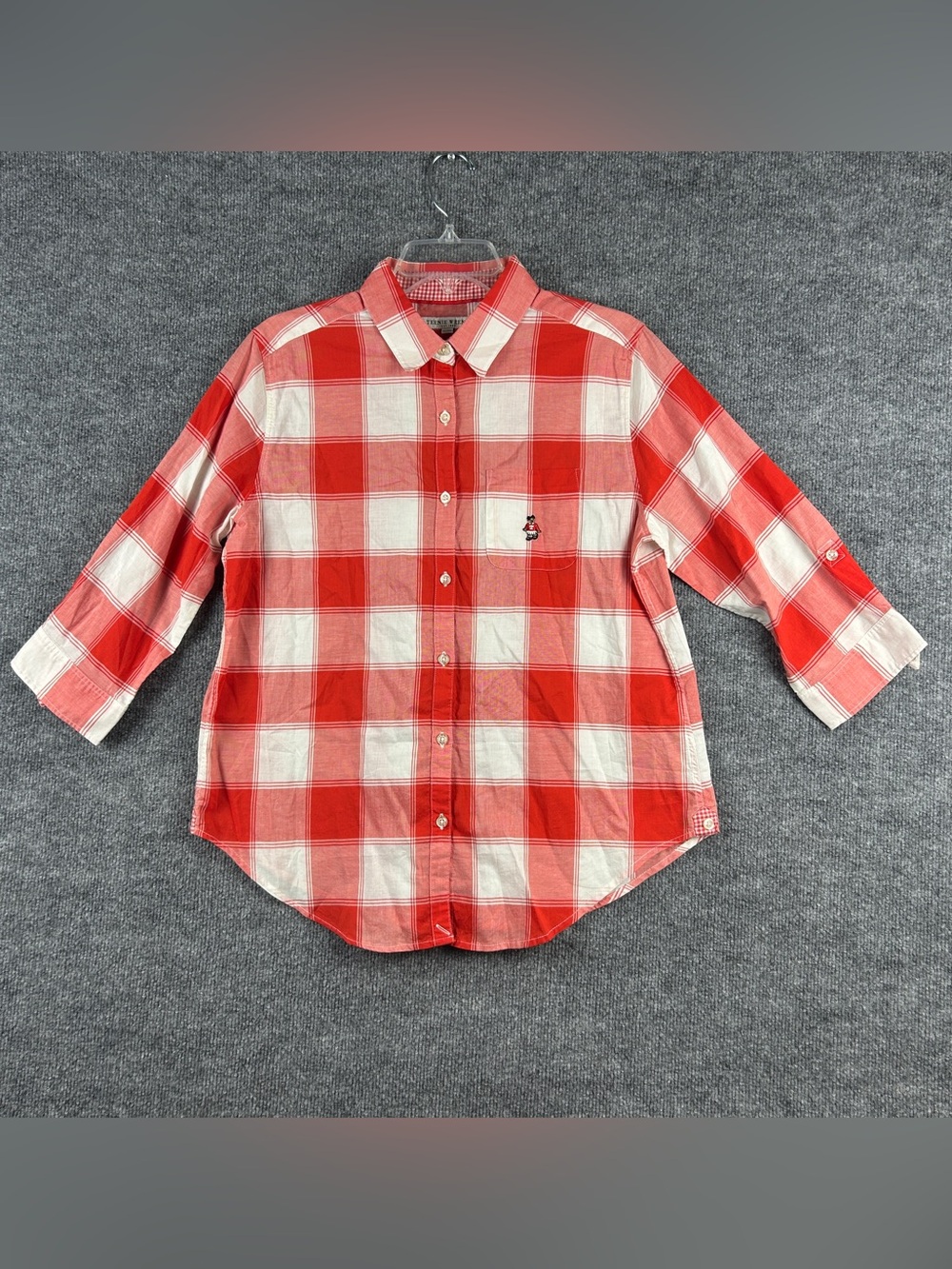 Teenie Weenie Red White Plaid Embroidered Bear Roll Tab Button Down Shirt Sz M
